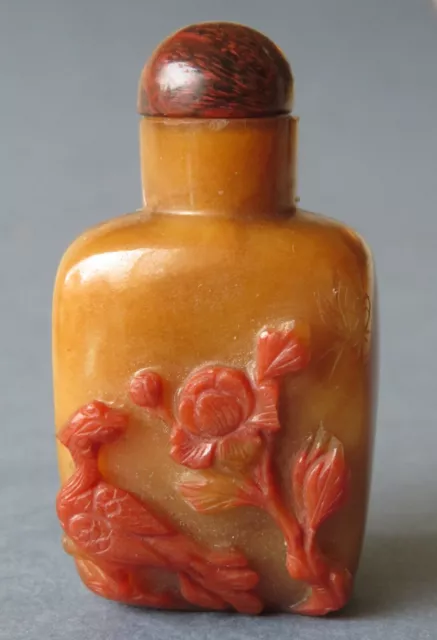 Fine Old Chinese Carnelian Agate Snuff Bottle - Phoenix & Peony - Monkey & Horse