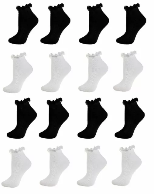 3 pairs Girls Kids White Black Frilly Ankle Cotton School Lace Socks All Sizes