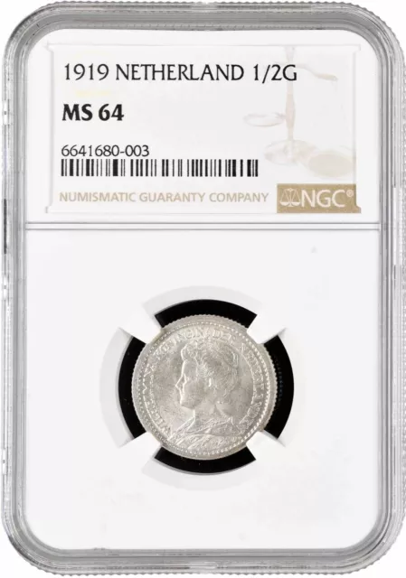 Niederlande 1/2 Gulden 1919, NGC MS64, "Wilhelmina (1890 - 1948)" Top Pop 4/0