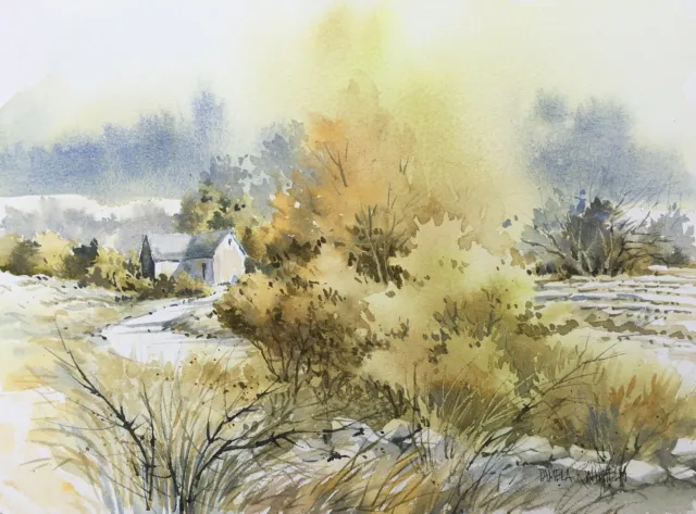 Original Watercolor 9X12 Pamela Wilhelm Golden trees autumn pastoral yellow gray