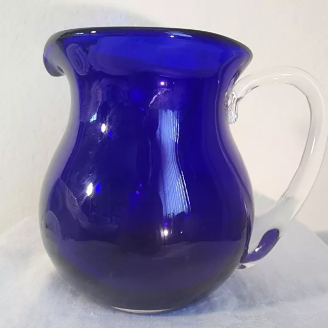 5 1/2" Cobalt Blue Heavy Pitcher with Applied Clear Glass Handle - Hand Blown