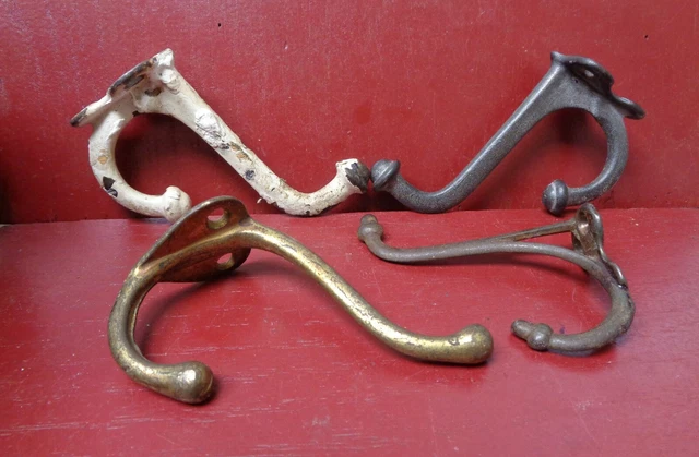 4 Antique & Vintage Cast Iron & Brass Schoolhouse Barn House Hooks #6A1204