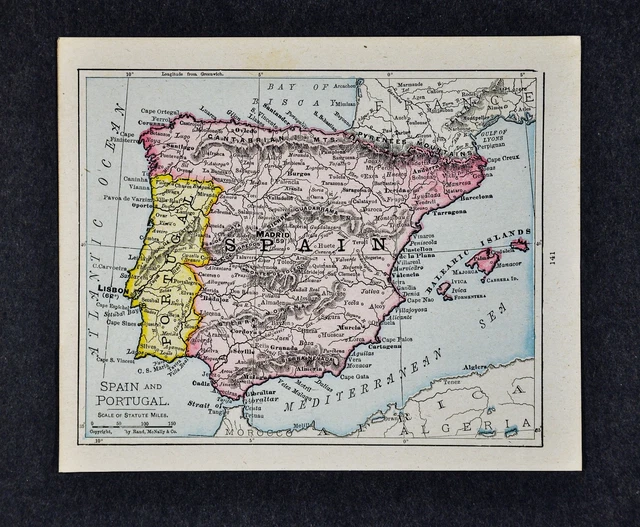 1917 McNally Map Spain & Portugal Lisbon Madrid Leon Barcelona Balearic Islands