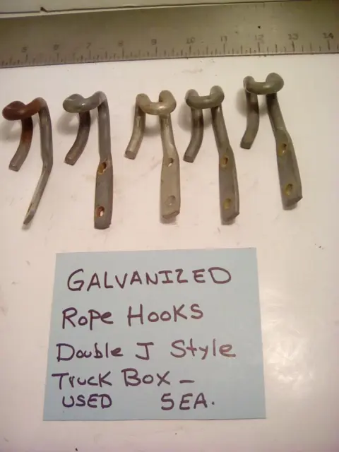 5 Ea. Vintage Galvanized Rope Hook Anchors, Double J Style, 0.25” Mtg Hole Used