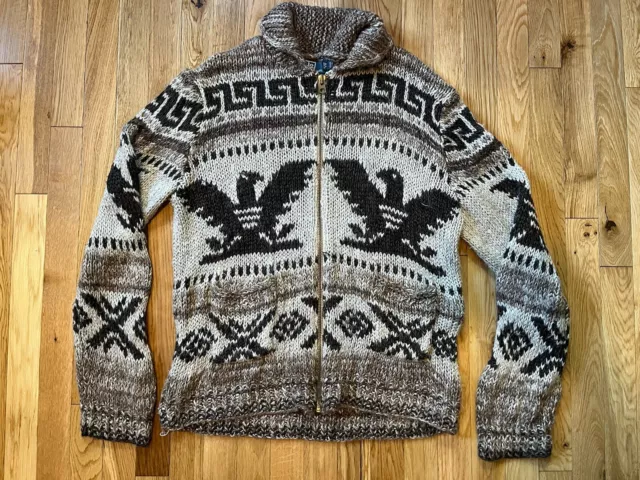 Vintage Polo Ralph Lauren Hand Knit Sweater Large Brown Eagle Zip Up Native