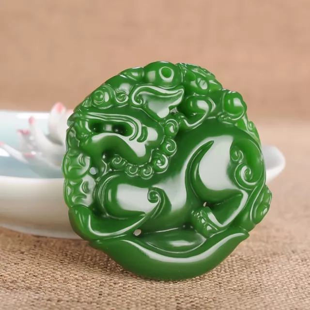 .Excellent China Spinach Green Jade Hand Carving Foo Dog Pattern Pendant A37
