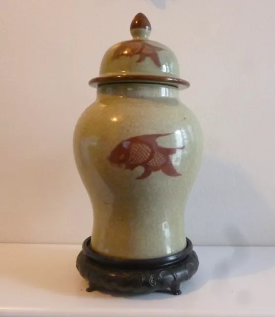 Chinese Green Crackle Glaze Koi Carp Lidded Pot With Stamp Marking