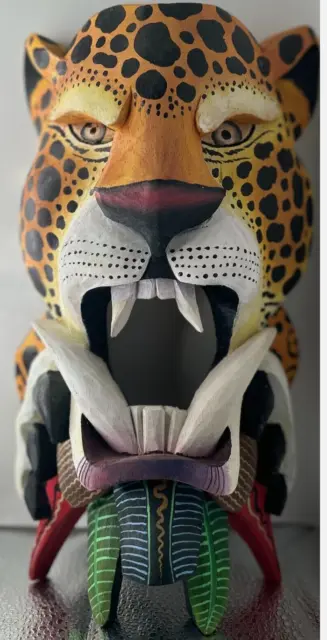 One-of-a-Kind Hand Carved Boruca Wood Jaguar Mask Brightly Painted - Signed Art