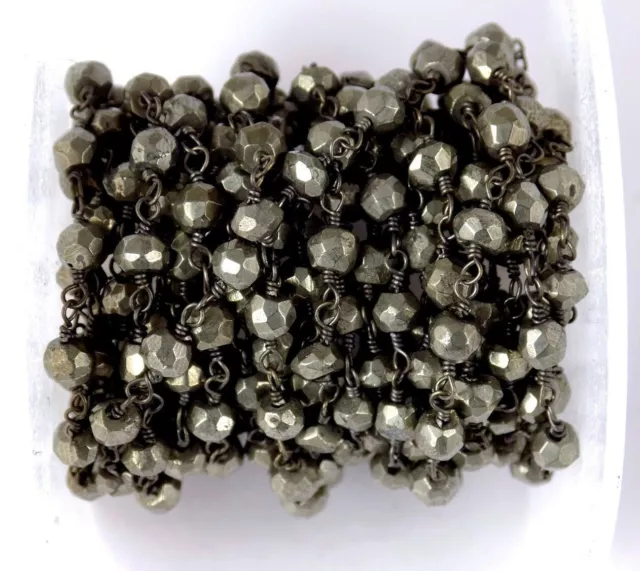 Natural Pyrite Rondelle Faceted 3-4mm Beads, Rosary Chain Black Wire 3 Feet