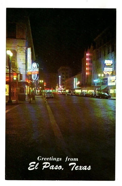 El Paso TX Greetings Night View Mesa Street Kress Store Vintage Postcard
