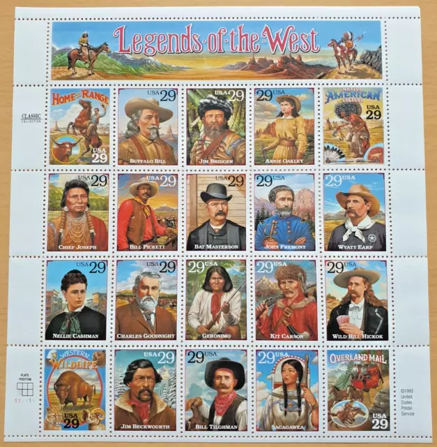 USA 1994 Mi.2506-2525 "Legends of the West" ERROR SHEET (Auflage 150.000 Stk)