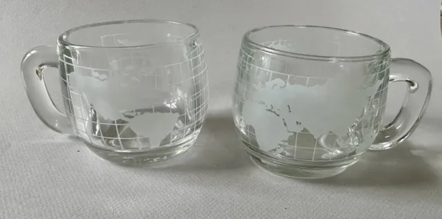 Vintage 2 NESTLE Etched Clear Glass World Globe Map COFFEE CUPS MUGS Free Ship