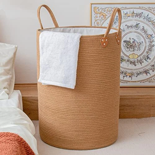 72L Cotton Rope Woven Laundry HamperExtra Large Wicker Laundry Basket for Bla...