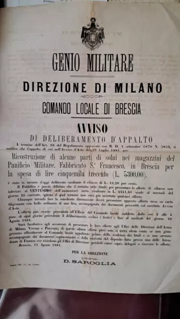 manifesto antico 1881 genio Militare Brescia Panifico Militare San Francesco