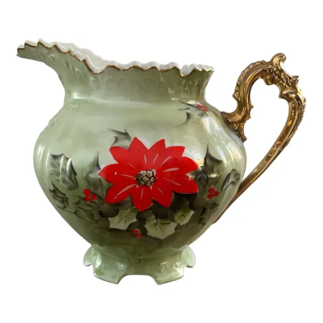 Vintage Lefton Hand Painted Christmas Poinsettia Limited Edition Pitcher 4389