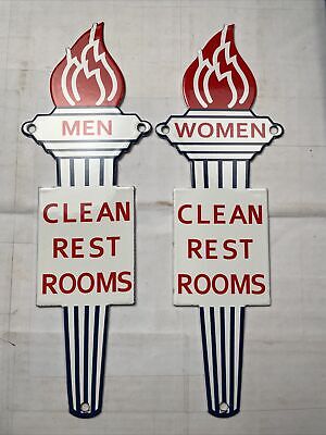 Standard Oil MEN & WOMEN REST ROOM set of 2 Porcelain COATED gauge METAL SIGNS+