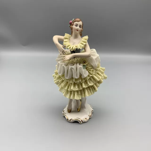 Vintage Dresden Lace Ballerina Figurine 6.5" Porcelain Yellow Victorian Germany