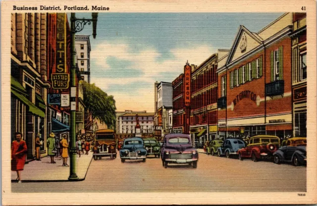 Vtg Portland Maine ME Business District Street View Old Cars 1940s Postcard