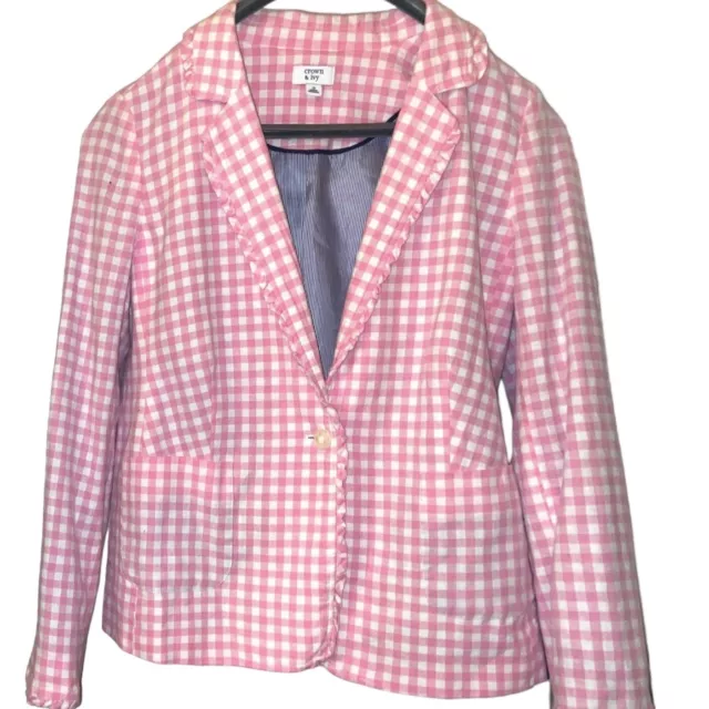 Crown & Ivy Gingham plaid linen blazer jacket Sz 12 pink white career preppy