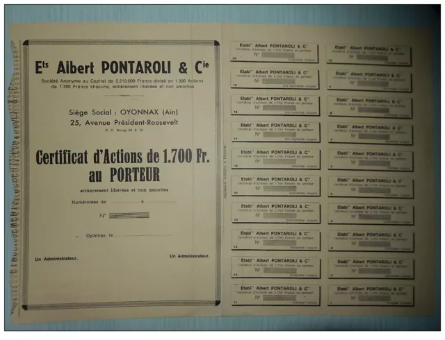 Ancienne action de 1700NF ETS ALBERT PONTAROLI & CIE