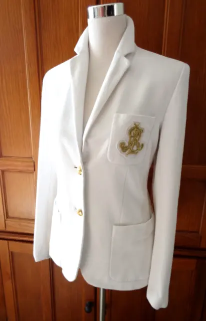 Ralph Lauren  White Stretch Cotton Gold Rll Insignia Patch Blazer Jacket Size M