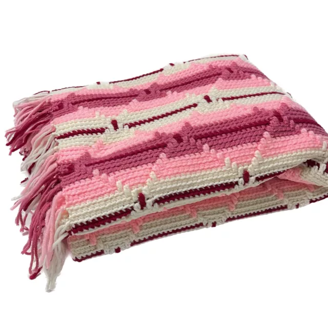 Handmade Knitted Afghan Aztec 78” x 45” Pink Cream Mauve Fringe Blanket Throw