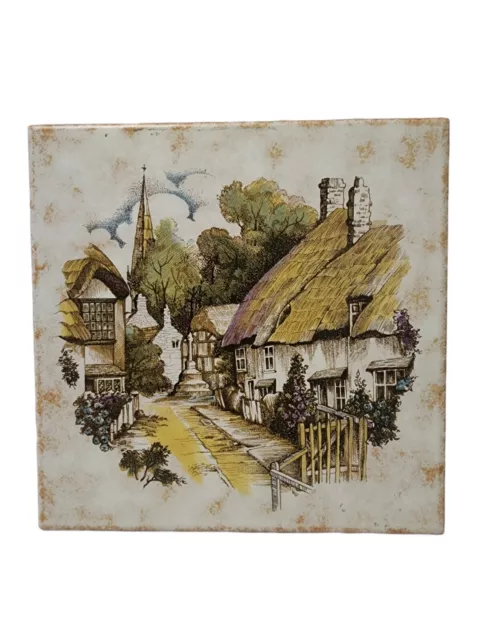 England English Village scene tile with thatch roof v 6" square Italy