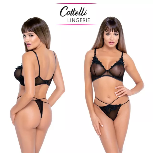 Cottelli Collection Lingerie Women Powernet Black Bra Set Riostring Rio Thong