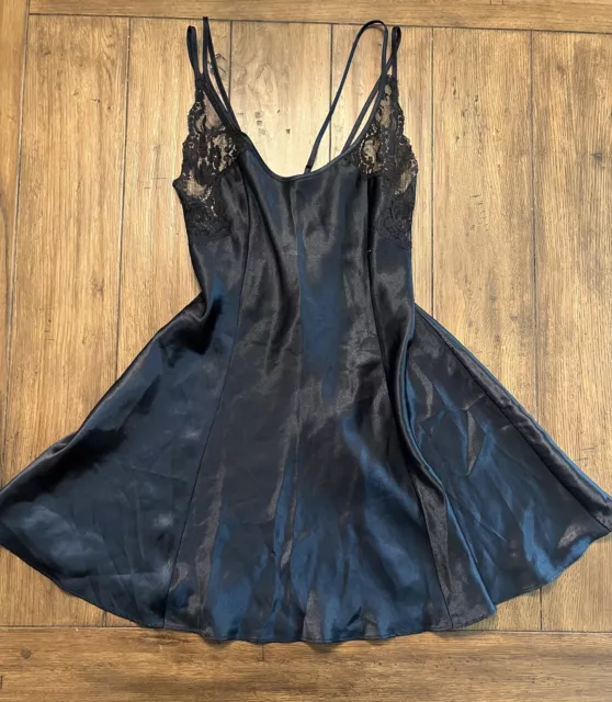 VNTG Victoria’s Secret Lace Plunge Back Slip Chemise Dress Black Medium Pre-Ownd