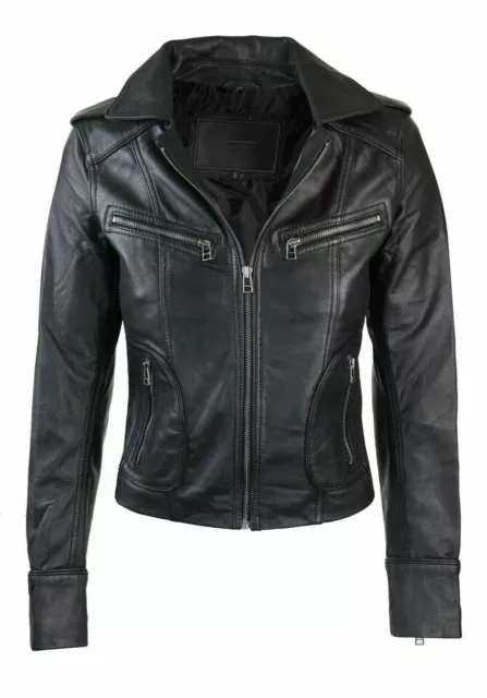 Ladies Women Real Leather Biker Motorbike Short Slim Fitted Jacket