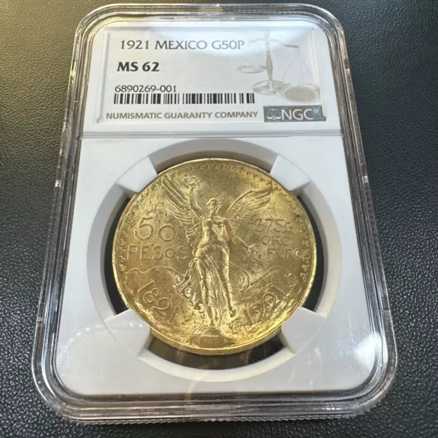 RARE KEY DATE | 1921 Mexico 50 Pesos Centenario Rare Gold Coin NGC MS62 First YR