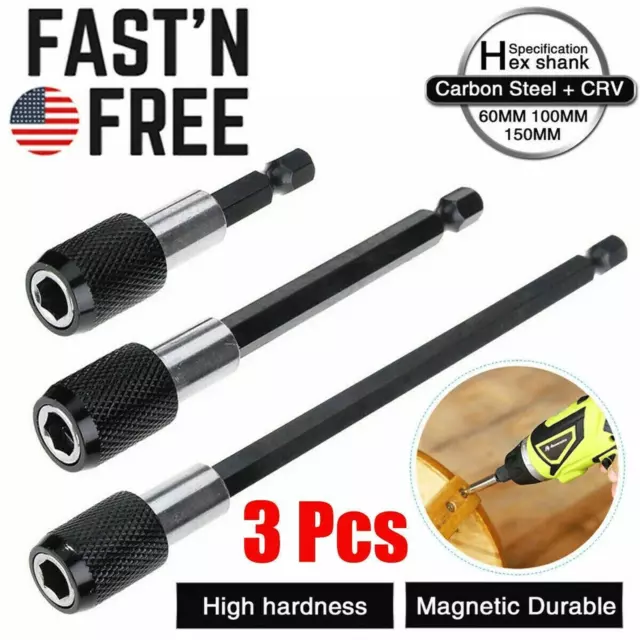 3Pc Screwdriver EXTENSION Bit Hex Magnetic Quick Release 1/4 Shank Holder Drill