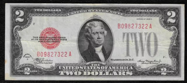 1928-C $2 *Red Seal* Small United States Note "VF++"