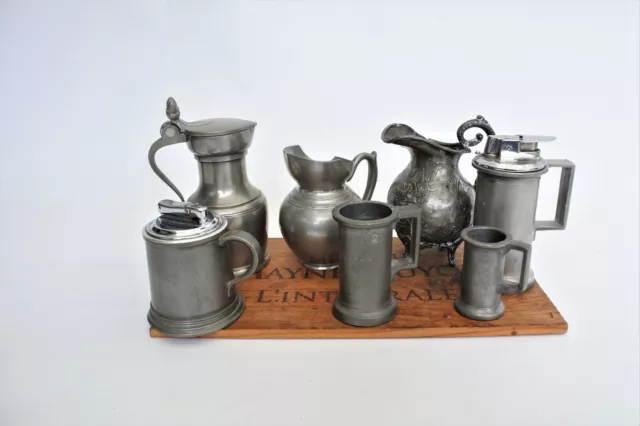 7 Anciens pot et briquet en étain