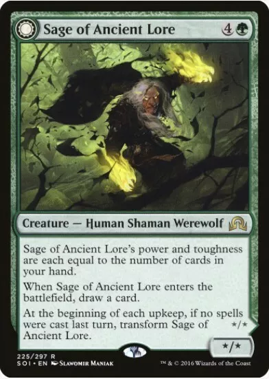 Sage of Ancient Lore // Werewolf of Ancient Hunger 1x FOIL SOI MTG Shadows Over Innistrad Rare MINT green Sage of Ancient Lore // Werewolf of Ancient Hunger 1x FOIL SOI MTG Shadows Over Innistrad Rare MINT green