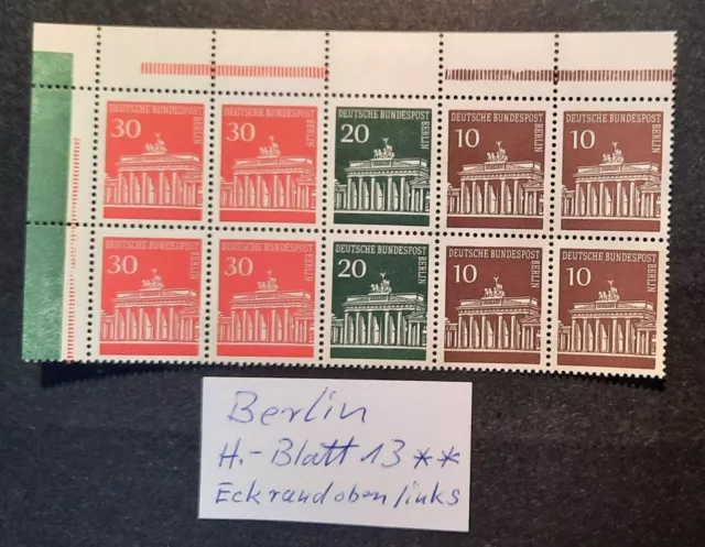 Berlin H. Blatt 13 postfr. Eckrand ob. links/ Heftchenbl, Brandenburger Tor 1966