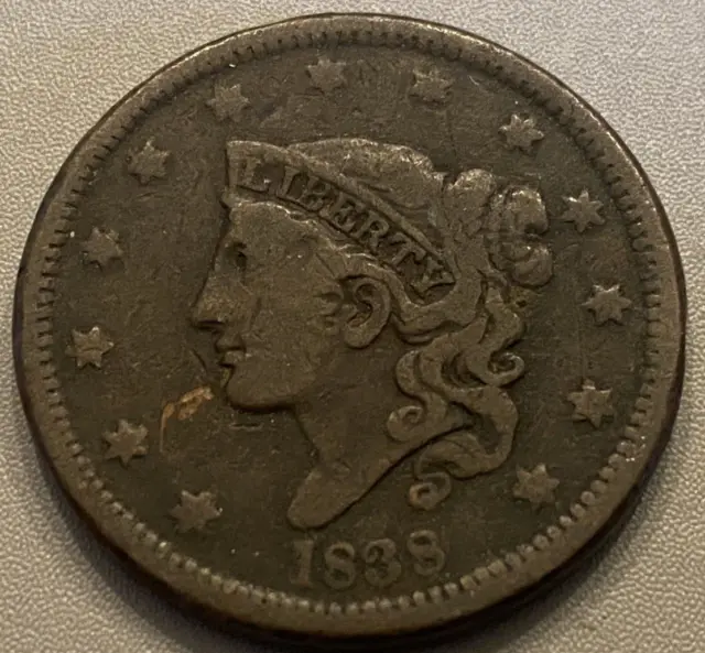 1838 Coronet Head Large Cent VG