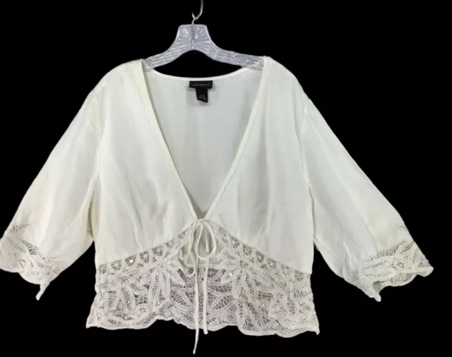 Lane Bryant Womens size 18/20 Linen  Blouse Cut Lace Sequins Short Off White Tie