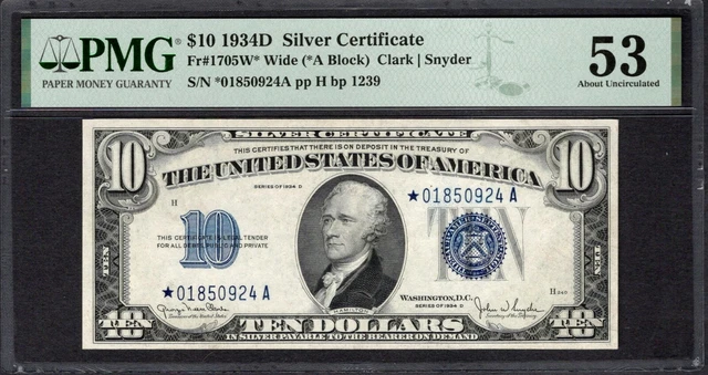 1934D $10 STAR Silver Certificate PMG 53 Fr.1705W* Series Key Note