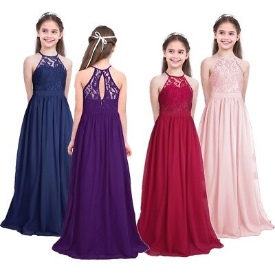 Kids Lace Chiffon Halter Flower Girls Dress Princess Pageant Formal Wedding Gown