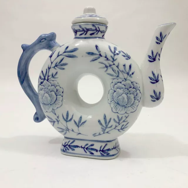 Asian Blue & White Donut Shape Porcelain Teapot Floral with Dragon Handle