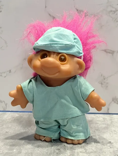 Dan 1986 vintage Doctor or Nurse Scrubs, Surgeon Troll Doll with Mask pink hair