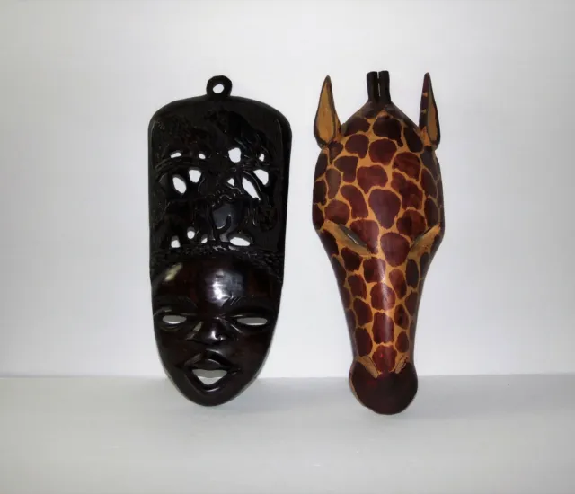 HandCarved African Ebony Wood Warrior Mask / Giraffe Wall Decor both over 12''