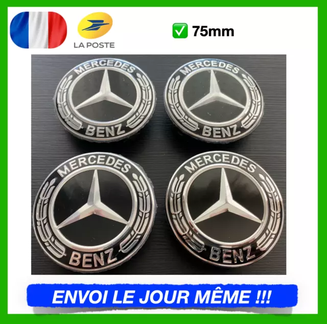 4x Logo Jante Mercedes Benz Noir Argent 75mm Cache Moyeu Centre De Roue  Emblème Couleur Noir