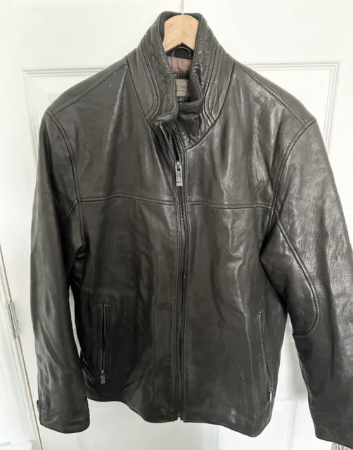 Andrew Marc New York Mens Black Leather Jacket Motorcycle Bomber Lined Large Zip