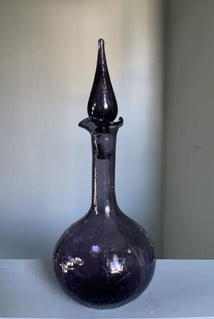 Mid century Vintage Blenko Amethyst Genie Bottle Purple Glass Decanter 15”
