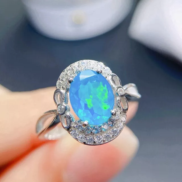 925 Sterling Silver Natural Blue Ethiopian Opal Ring Women Wedding Gift for Her