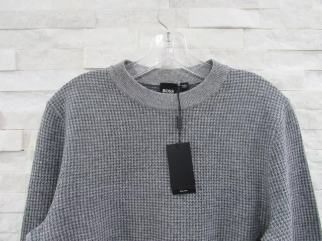 NWT Hugo Boss Gray Wool Fine Houndstooth Check Knit Maddeo Crewneck Sweater M 2