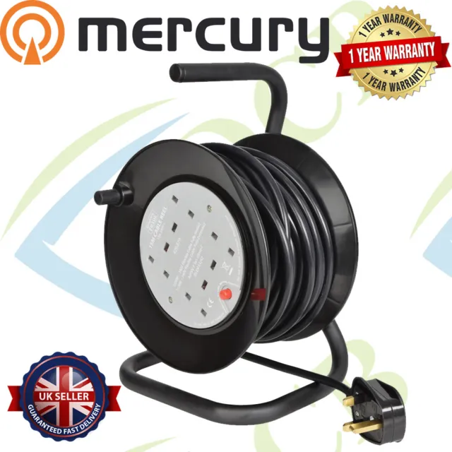 Mercury 4 Way Gang Heavy Duty Cable 15m Extension Reel Lead Mains Socket 13A