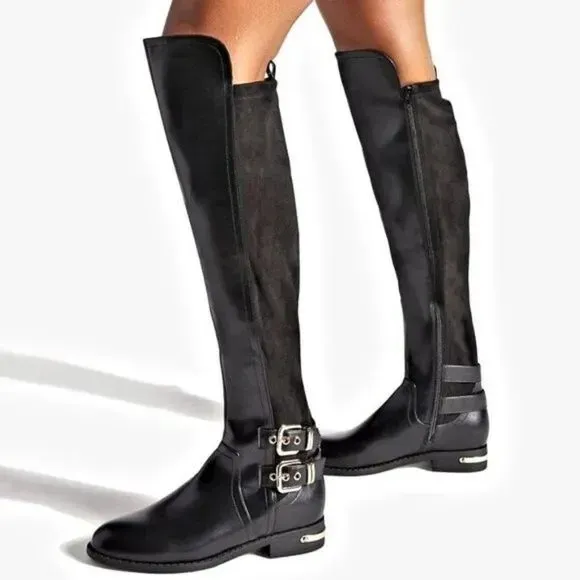 SHOE DAZZLE - Elna Faux Leather Buckle Knee High Flat Boots